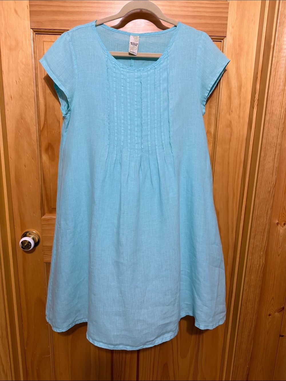 Match Point Linen Light Aqua Pintuck Midi Dress with Cap Sleeves, Size Small